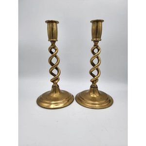 Antique English Brass Spiral Barley Open Twist Candletick Holders